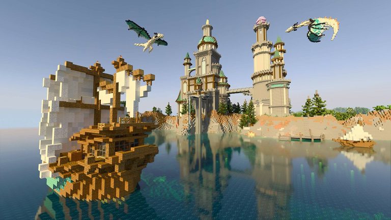 Castle and dragons in the Minecraft universe.