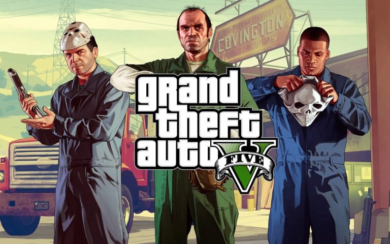 Couverture de Grand Theft Auto V avec trois personnages.