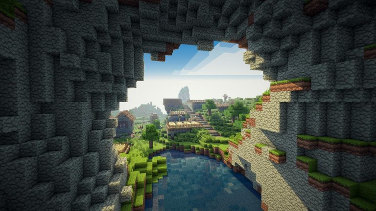 Vue de village dans un jeu vidéo pixelisé.