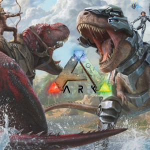 Combat de dinosaures avec technologie avancée.