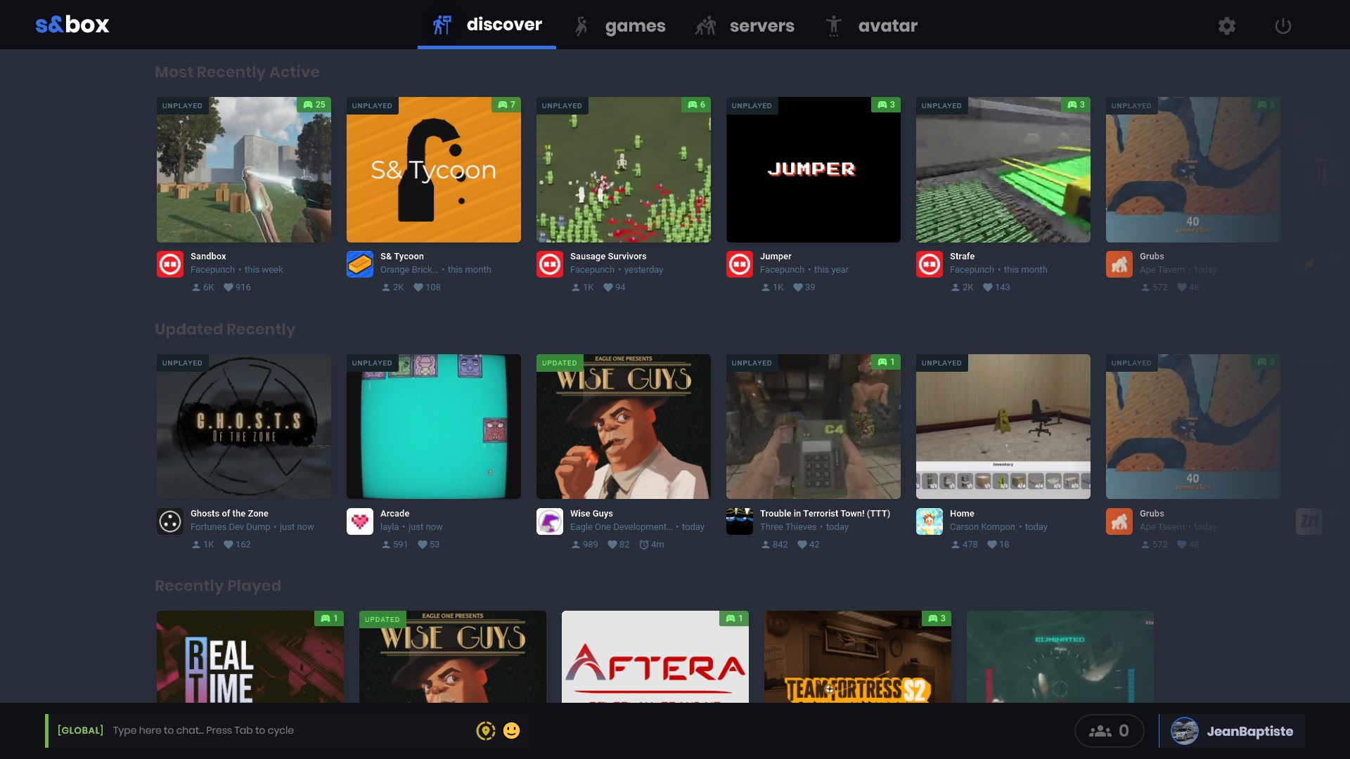 Sandbox video game discovery interface