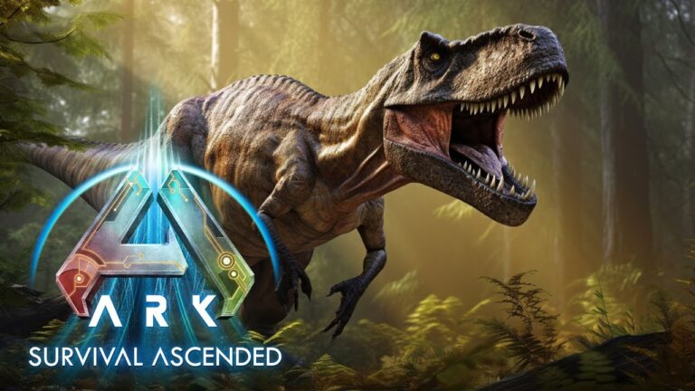 Dinosaur in the forest, ARK Survival Ascended logo.