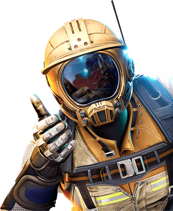 Sci-fi character in a helmet giving thumbs up.