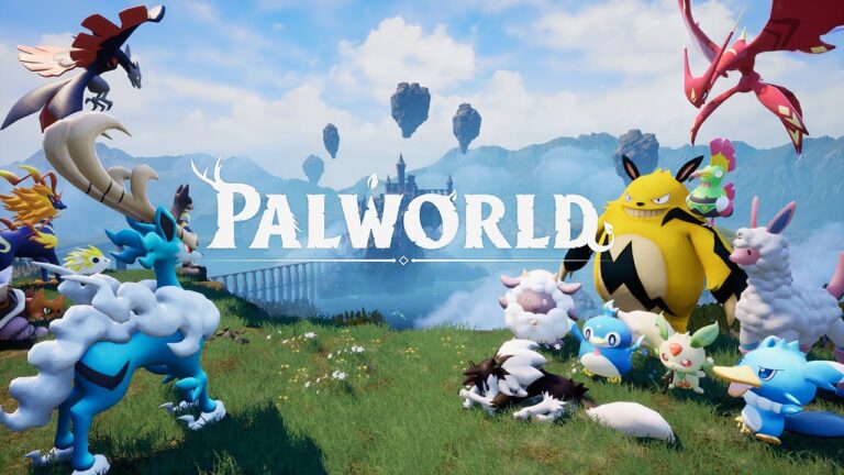 Créatures colorées devant le logo Palworld.