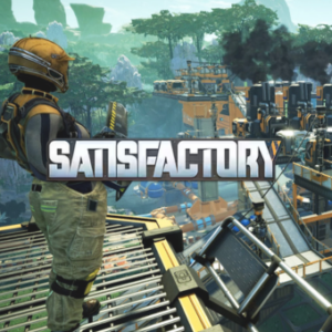Jeu Satisfactory, personnage sur plateforme industrielle.