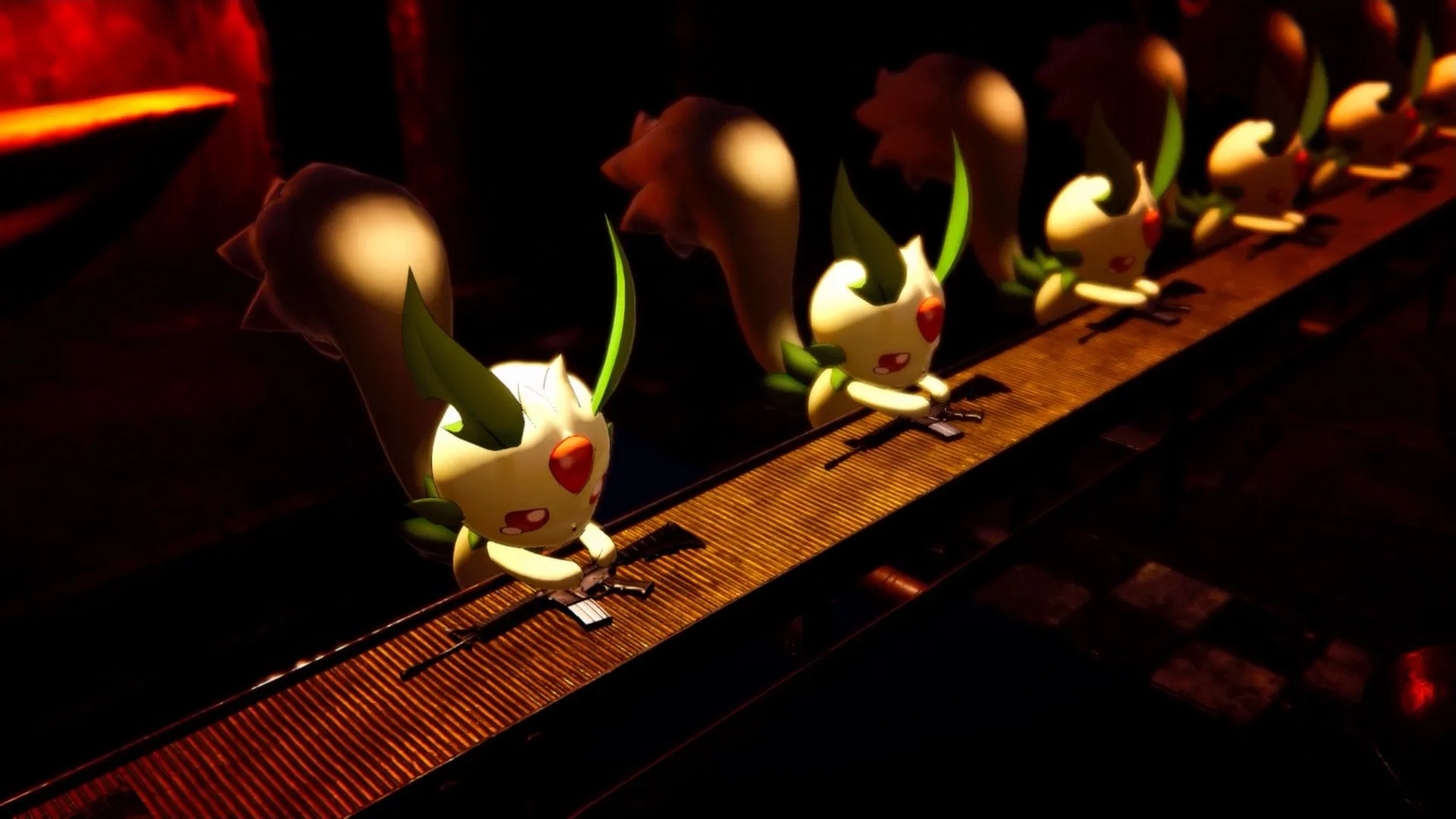 Personnages mignons alignés sur une table sombre.