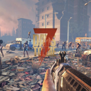 Jeu zombie apocalyptique, joueur armé devant immeubles détruits.