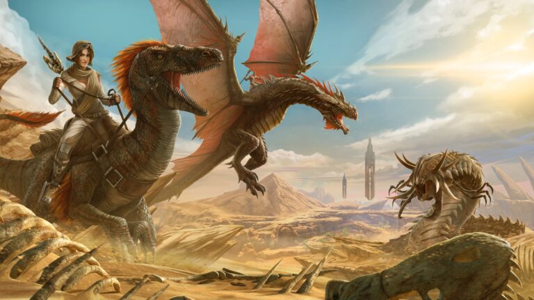 Aventurier et dragons dans un désert fantastique.