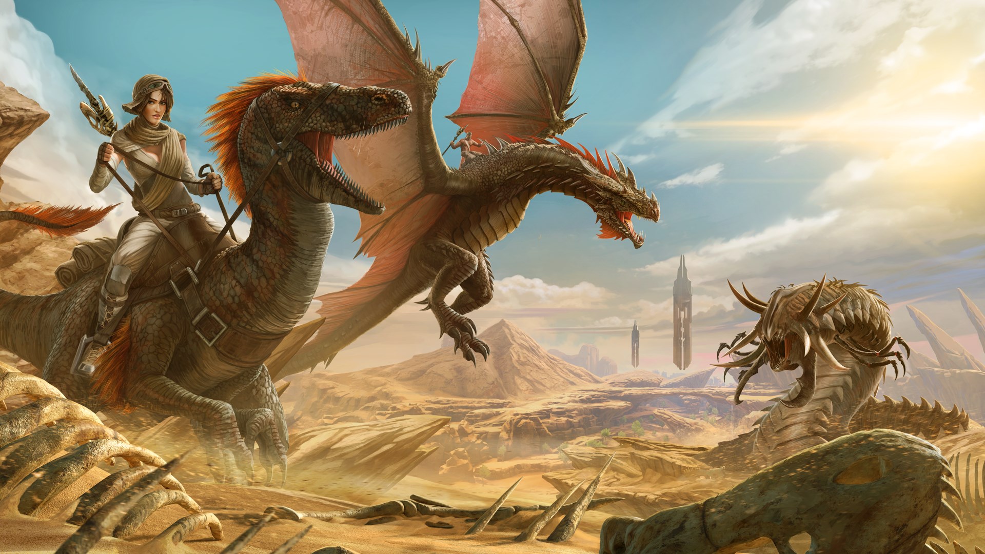 Aventurier et dragons dans un désert fantastique.