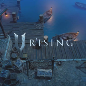 Jeu V Rising, quai nocturne et bateaux.
