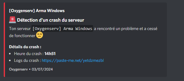 Capture d'écran d'un crash du serveur Arma Windows