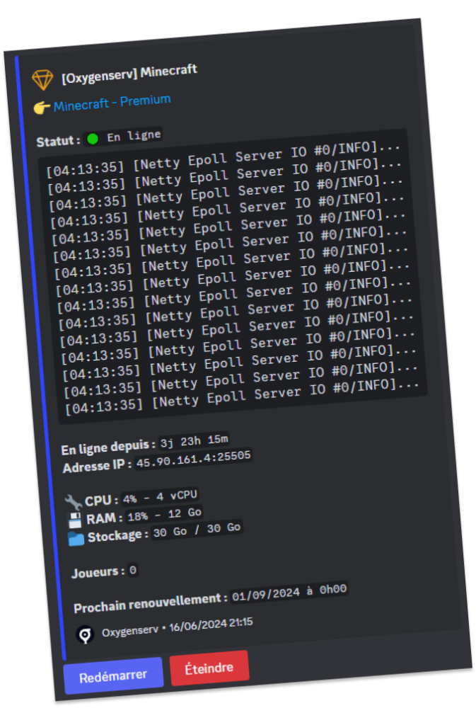 Statut serveur Minecraft en ligne avec détails techniques.