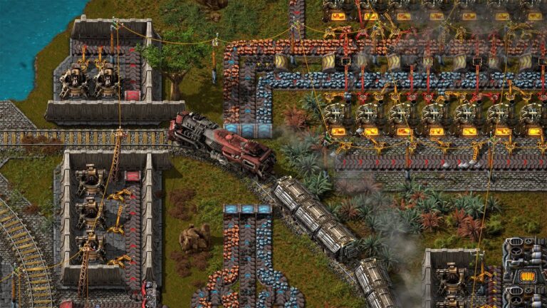 Train transportant des ressources dans un jeu de gestion.